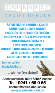 Banner Zahnarztpraxis Aachen mit Kontaktdaten und Leistungen: professionelle Zahnreinigung, Zahnprophylaxe, Implantate und Beratung.